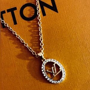 Gold Plated Dainty LV Logo Pendant Necklace with Crystal Halo